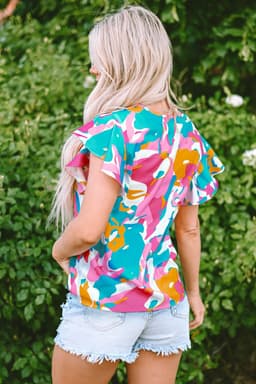 image-Abstract Print Notched Neck Flutter Sleeve Blouse - Multicolour
