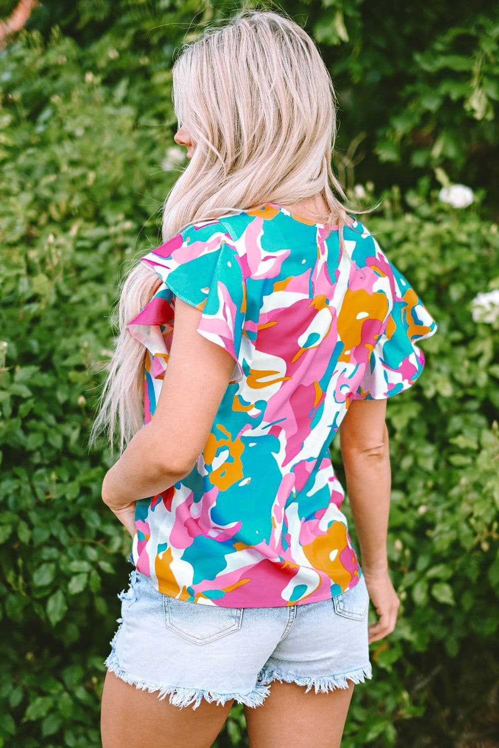 image-Abstract Print Notched Neck Flutter Sleeve Blouse - Multicolour