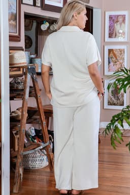 image-Beige Plus Size Textured Collared Top and Pants Set