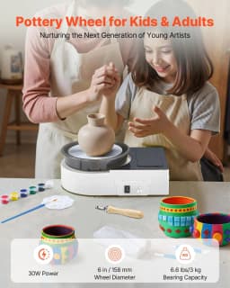 image-VEVOR Mini Pottery Wheel, 6 inch Turntable, Forward and Reverse Rotation, Adjustable Speed, Electric Clay Wheel for Kids and Adults, with Clay Shaping Tools, for Home DIY, Pottery Classes, White