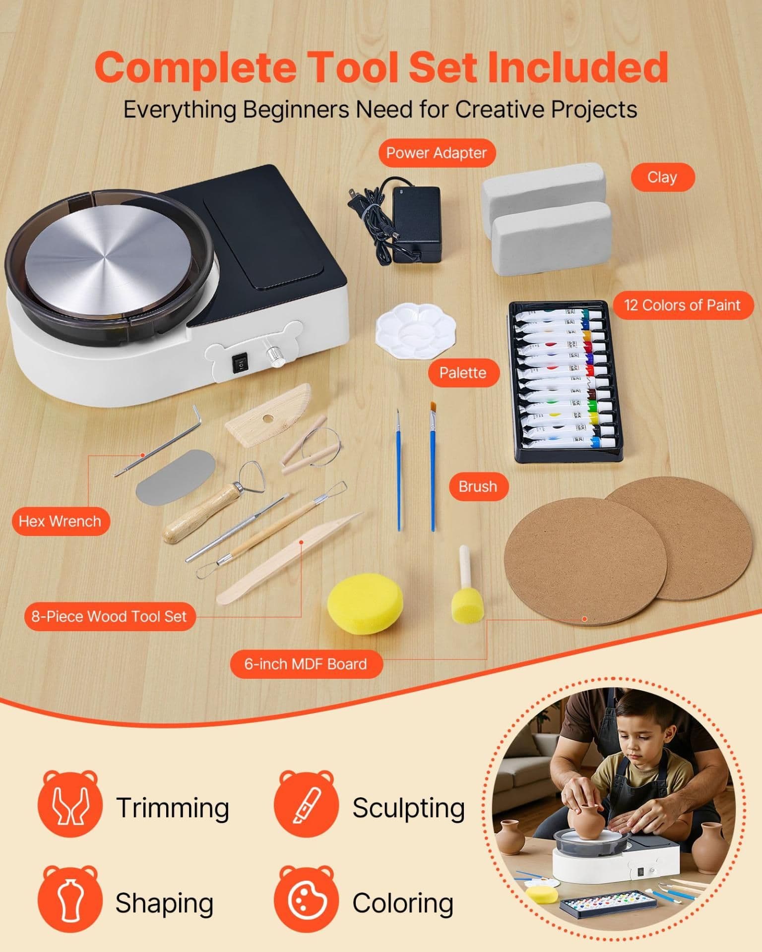 image-VEVOR Mini Pottery Wheel, 6 inch Turntable, Forward and Reverse Rotation, Adjustable Speed, Electric Clay Wheel for Kids and Adults, with Clay Shaping Tools, for Home DIY, Pottery Classes, White