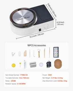 image-VEVOR Mini Pottery Wheel, 6 inch Turntable, Forward and Reverse Rotation, Adjustable Speed, Electric Clay Wheel for Kids and Adults, with Clay Shaping Tools, for Home DIY, Pottery Classes, White