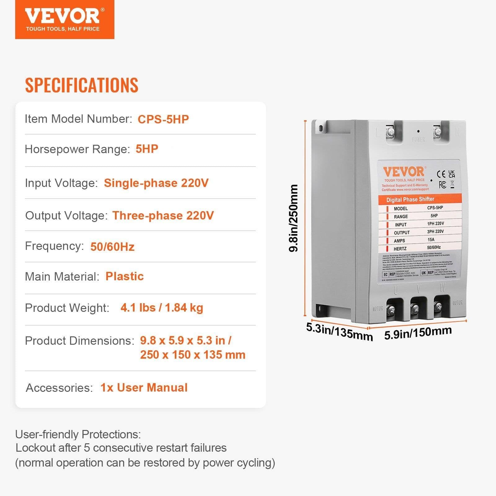 image-VEVOR 3 Phase Converter - 5HP 15A 220V Single Phase to 3 Phase Converter, Digital Phase Shifter for Residential and Light Commercial Use, 220V Input/Output (One Converter for One Motor Only)
