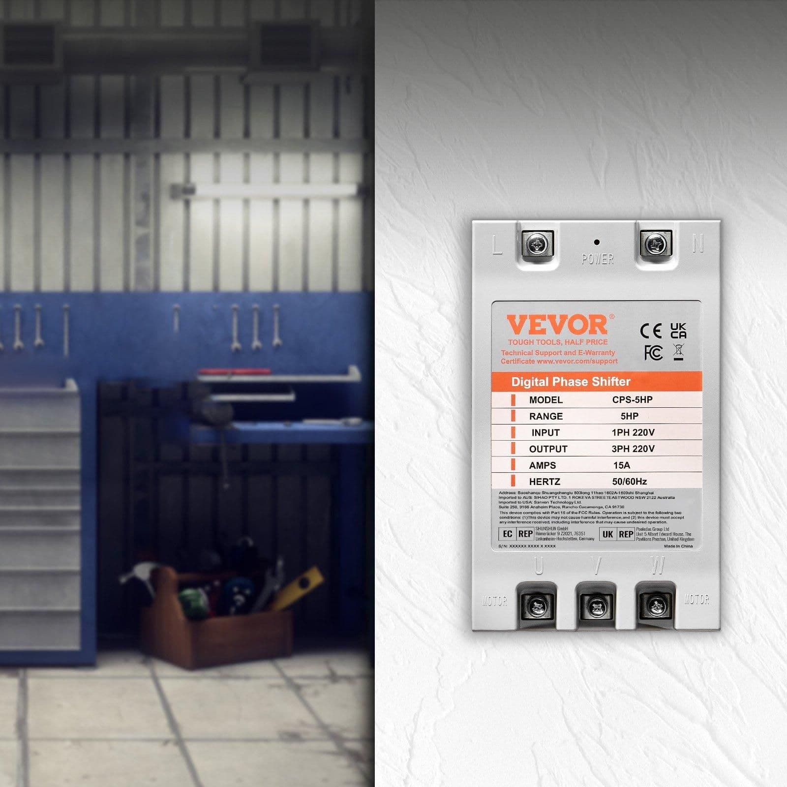 image-VEVOR 3 Phase Converter - 5HP 15A 220V Single Phase to 3 Phase Converter, Digital Phase Shifter for Residential and Light Commercial Use, 220V Input/Output (One Converter for One Motor Only)