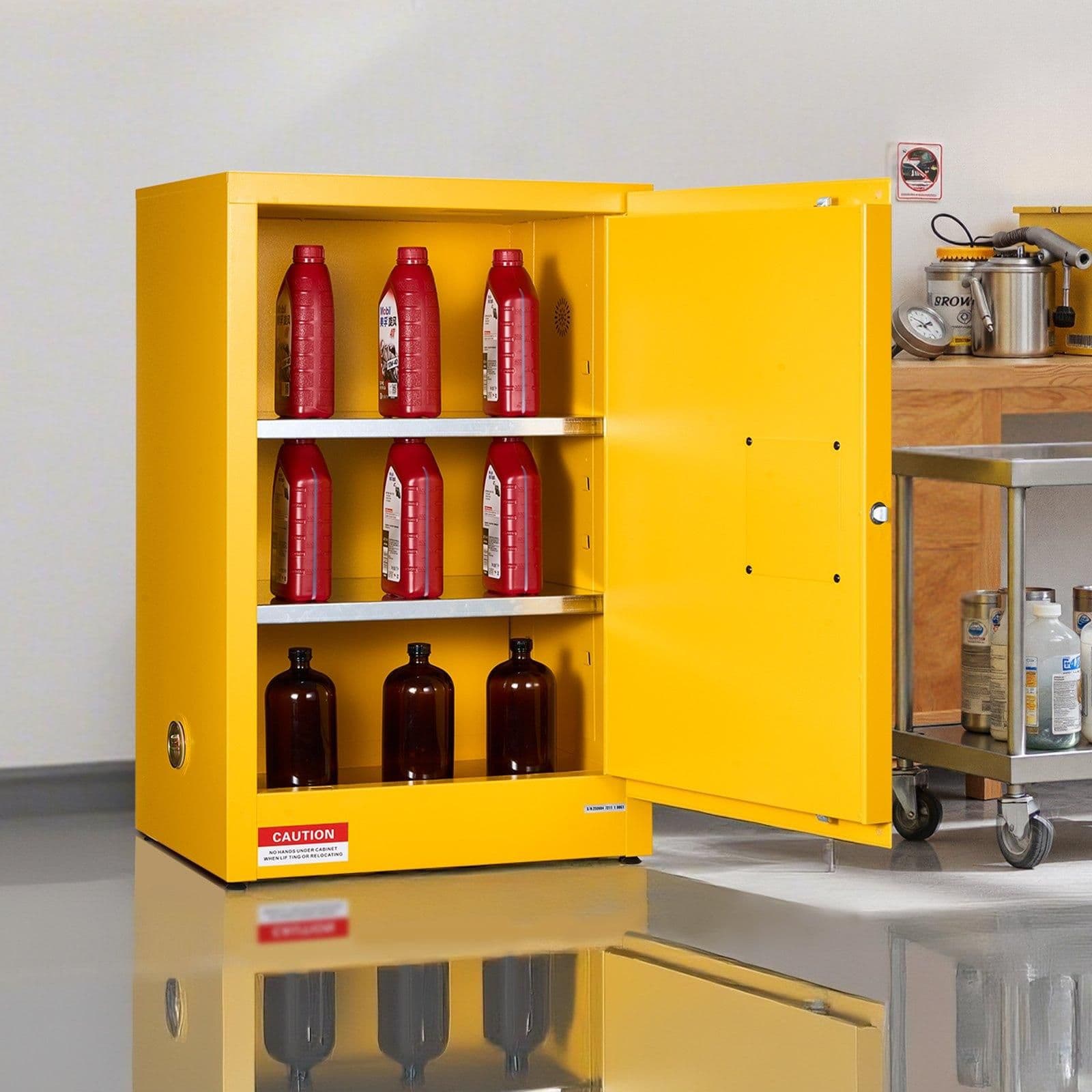 image-VEVOR Flammable Cabinet, 23.2 x 18.1 x 35.4 Inch, 13 Gallon Flammable Storage Cabinet with Adjustable Shelf, Cold-Rolled and Galvanized Steel Fire Cabinets, for Commercial Industrial Home Use, Yellow