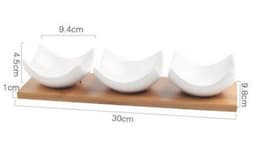image-Ceramic Divided Serving Dish with Wooden Tray - Porcelain Bowl