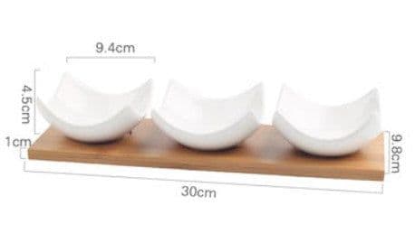 image-Ceramic Divided Serving Dish with Wooden Tray - Porcelain Bowl