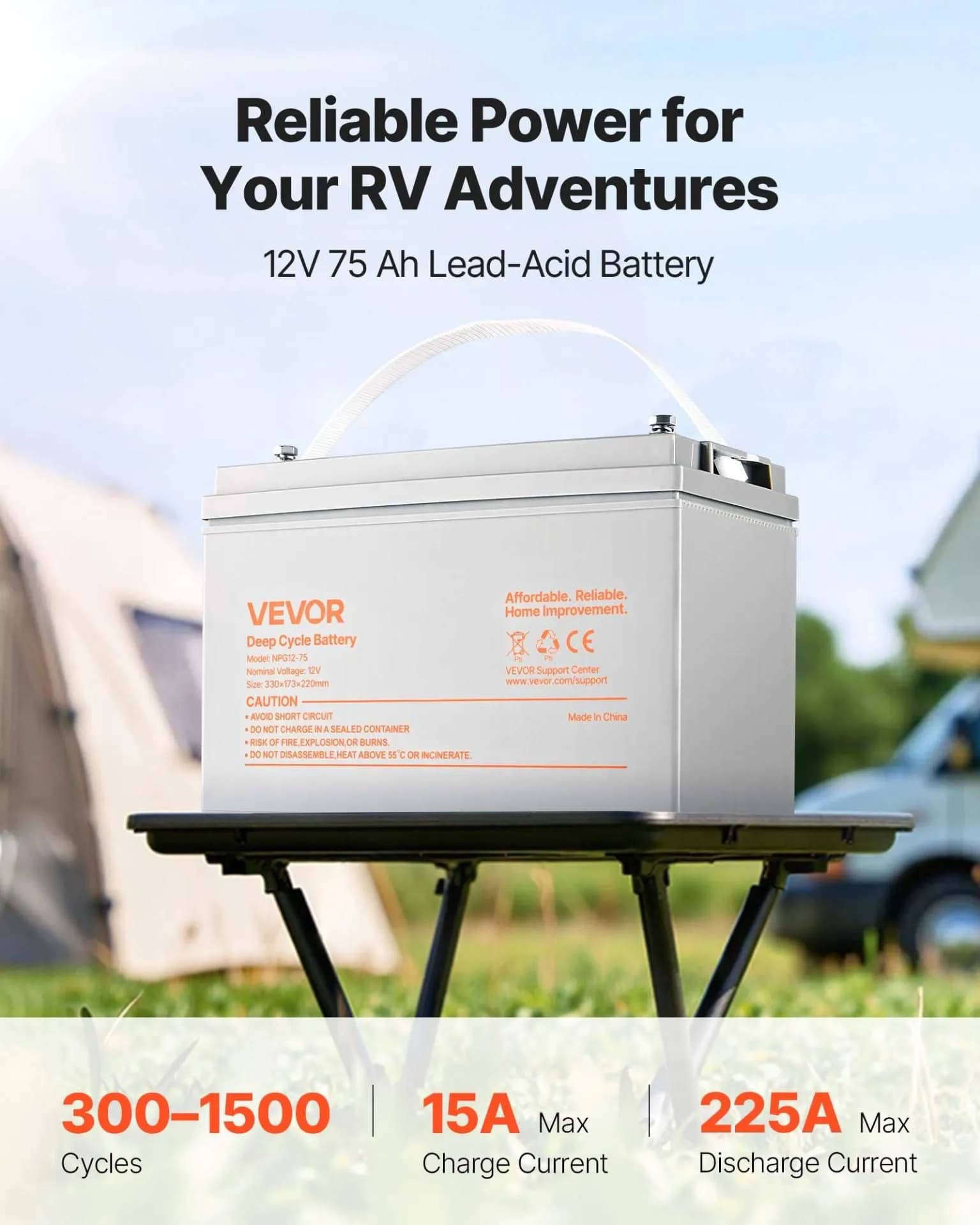 image-VEVOR 12V 75Ah Deep Cycle Battery, Sealed AGM Technology, Rechargeable Lead Acid AGM Battery, Backup Replacement for Scooters, Electric Mobility Wheelchair, Solar System Off-Grid Home Energy Storage