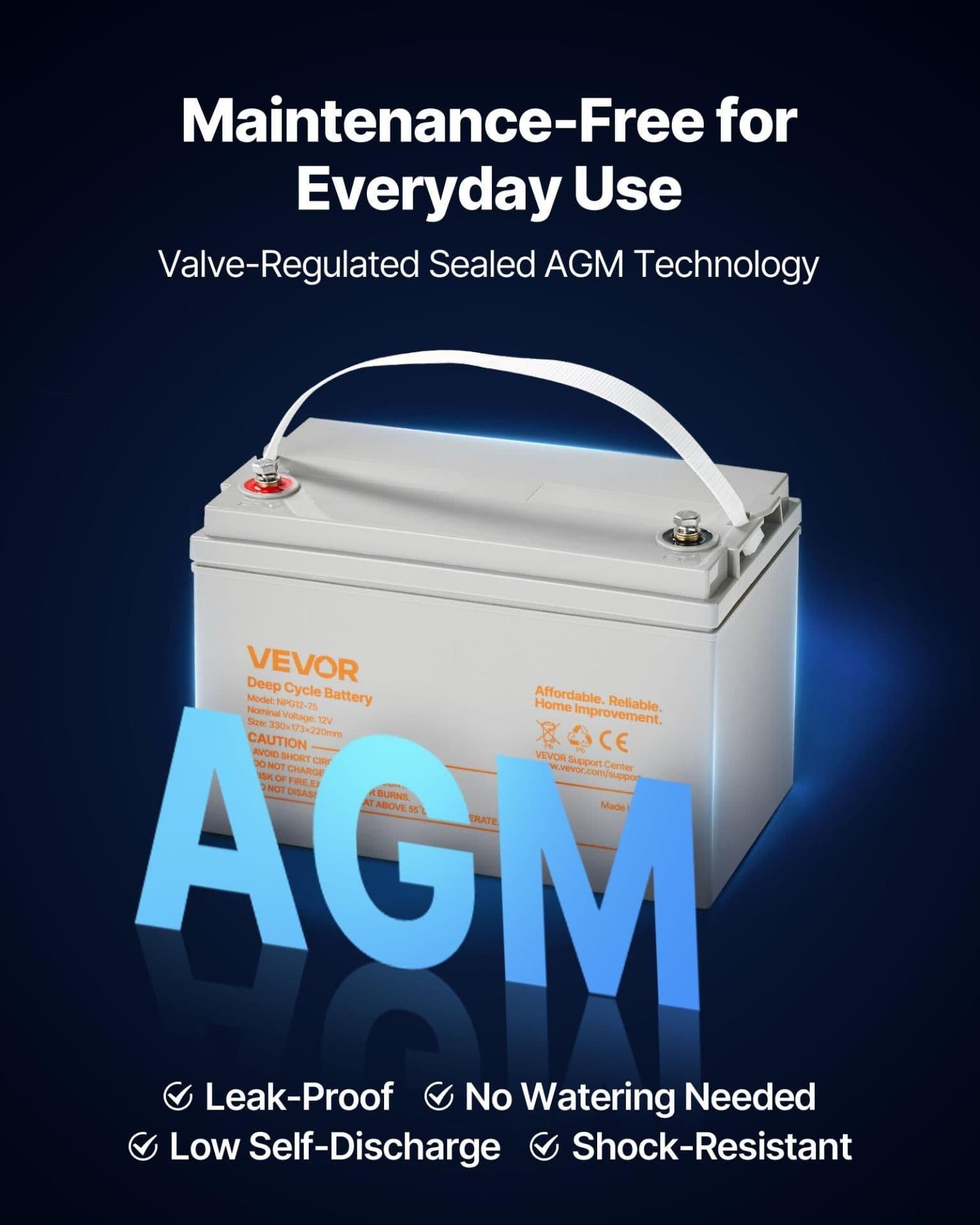 image-VEVOR 12V 75Ah Deep Cycle Battery, Sealed AGM Technology, Rechargeable Lead Acid AGM Battery, Backup Replacement for Scooters, Electric Mobility Wheelchair, Solar System Off-Grid Home Energy Storage