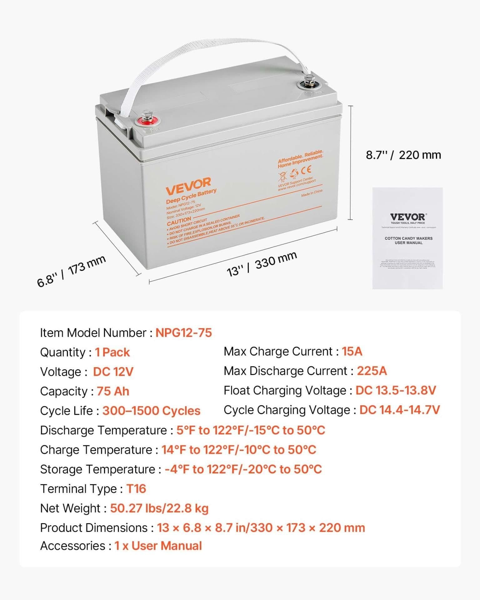 image-VEVOR 12V 75Ah Deep Cycle Battery, Sealed AGM Technology, Rechargeable Lead Acid AGM Battery, Backup Replacement for Scooters, Electric Mobility Wheelchair, Solar System Off-Grid Home Energy Storage