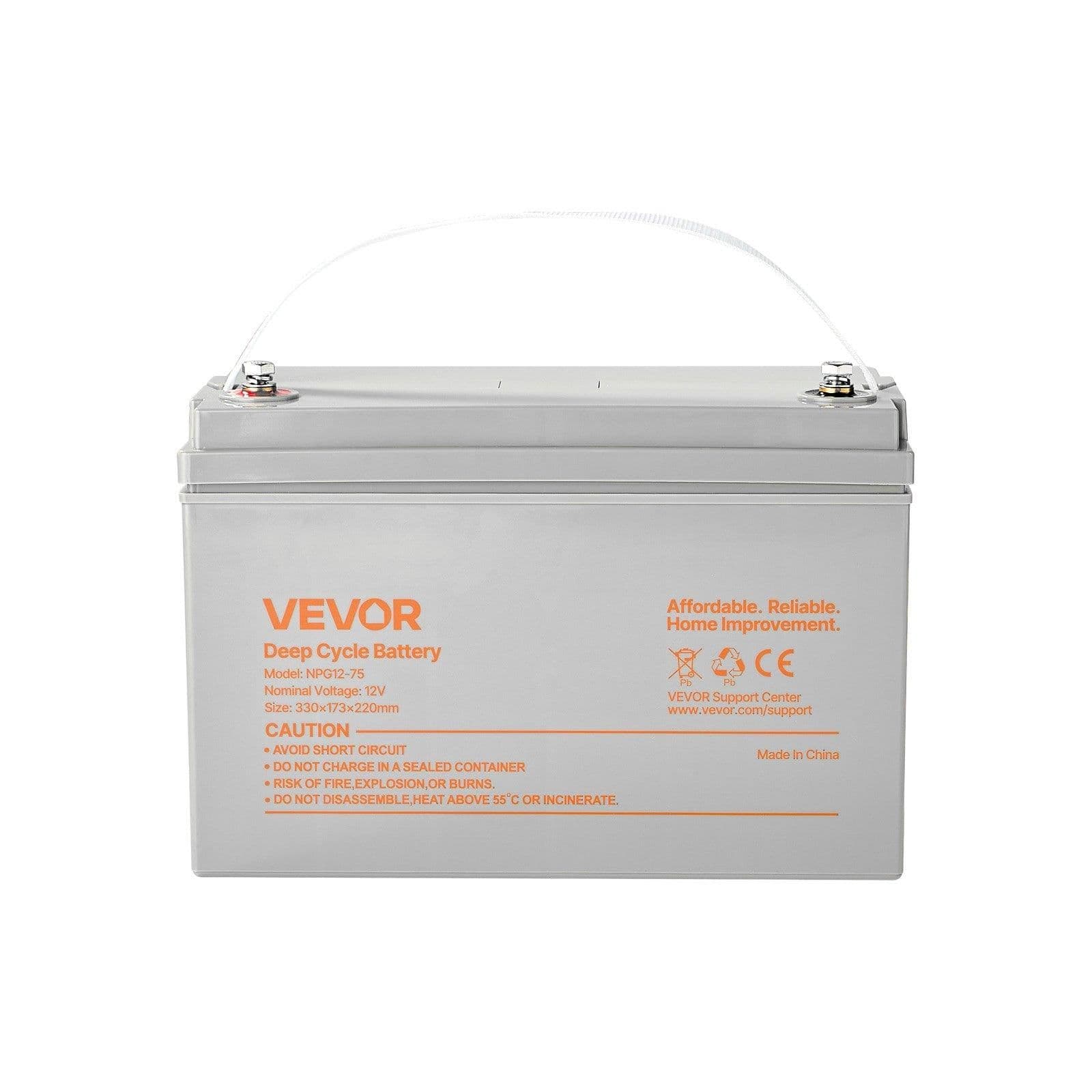 image-VEVOR 12V 75Ah Deep Cycle Battery, Sealed AGM Technology, Rechargeable Lead Acid AGM Battery, Backup Replacement for Scooters, Electric Mobility Wheelchair, Solar System Off-Grid Home Energy Storage