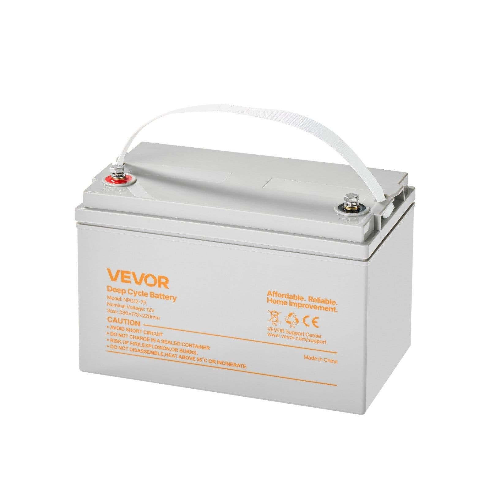 image-VEVOR 12V 75Ah Deep Cycle Battery, Sealed AGM Technology, Rechargeable Lead Acid AGM Battery, Backup Replacement for Scooters, Electric Mobility Wheelchair, Solar System Off-Grid Home Energy Storage