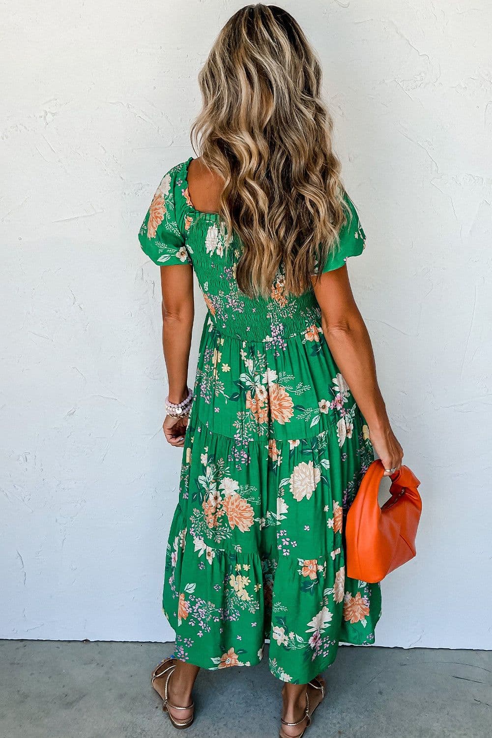 image-Floral Print Bubble Sleeve Midi Dress - Tiered Smocked Design (59 characters)