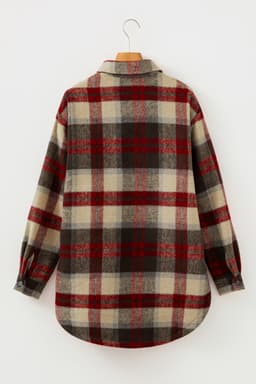 image-Red Brushed Plaid Buttoned Front Side Slit Tunic Shacket