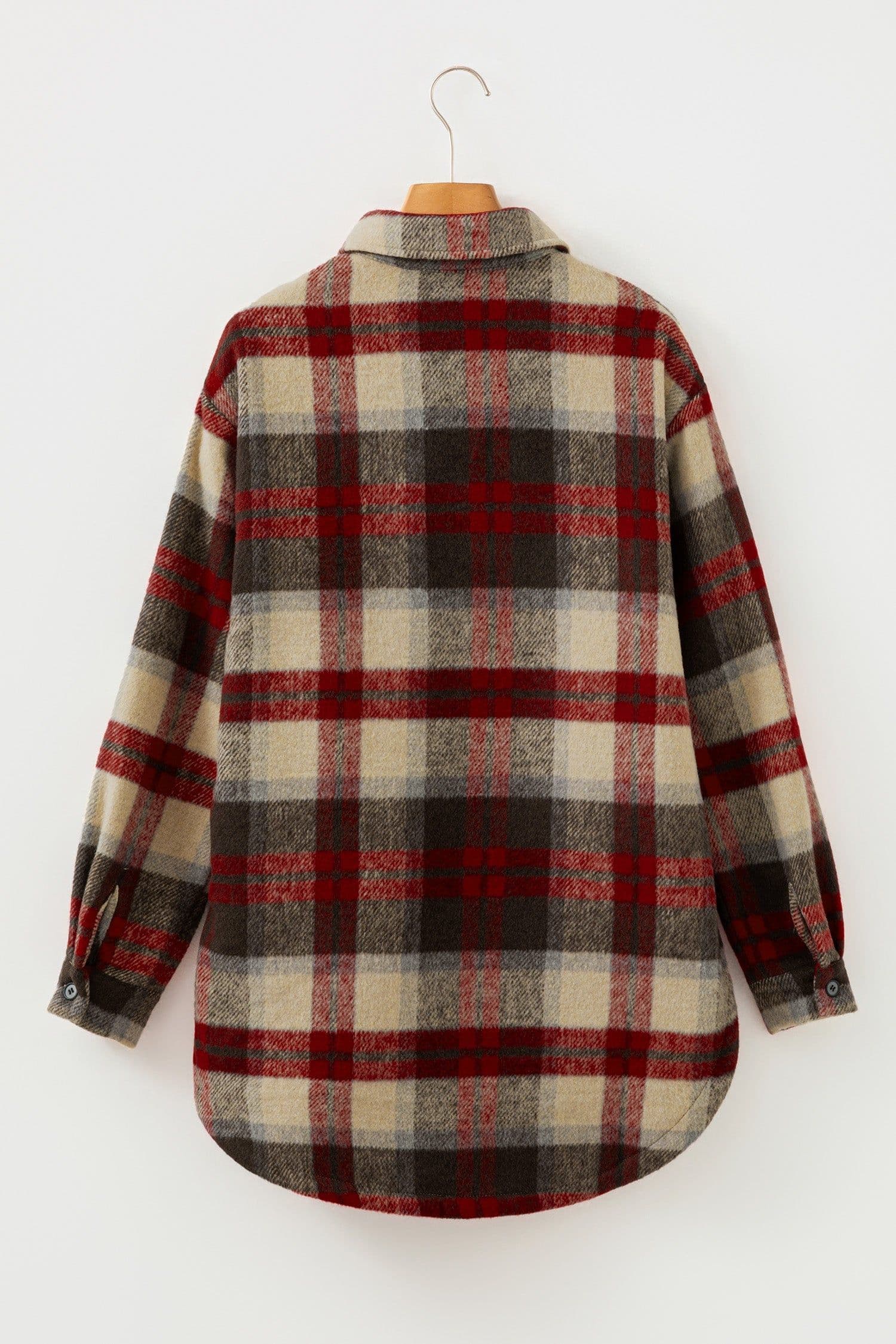 image-Red Brushed Plaid Buttoned Front Side Slit Tunic Shacket