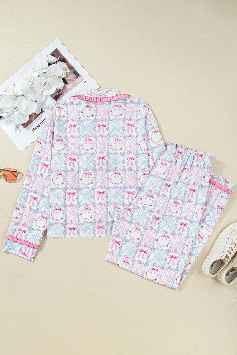 image-Pink Bow Wreath Christmas Pajama Set - Long Sleeve 2pc