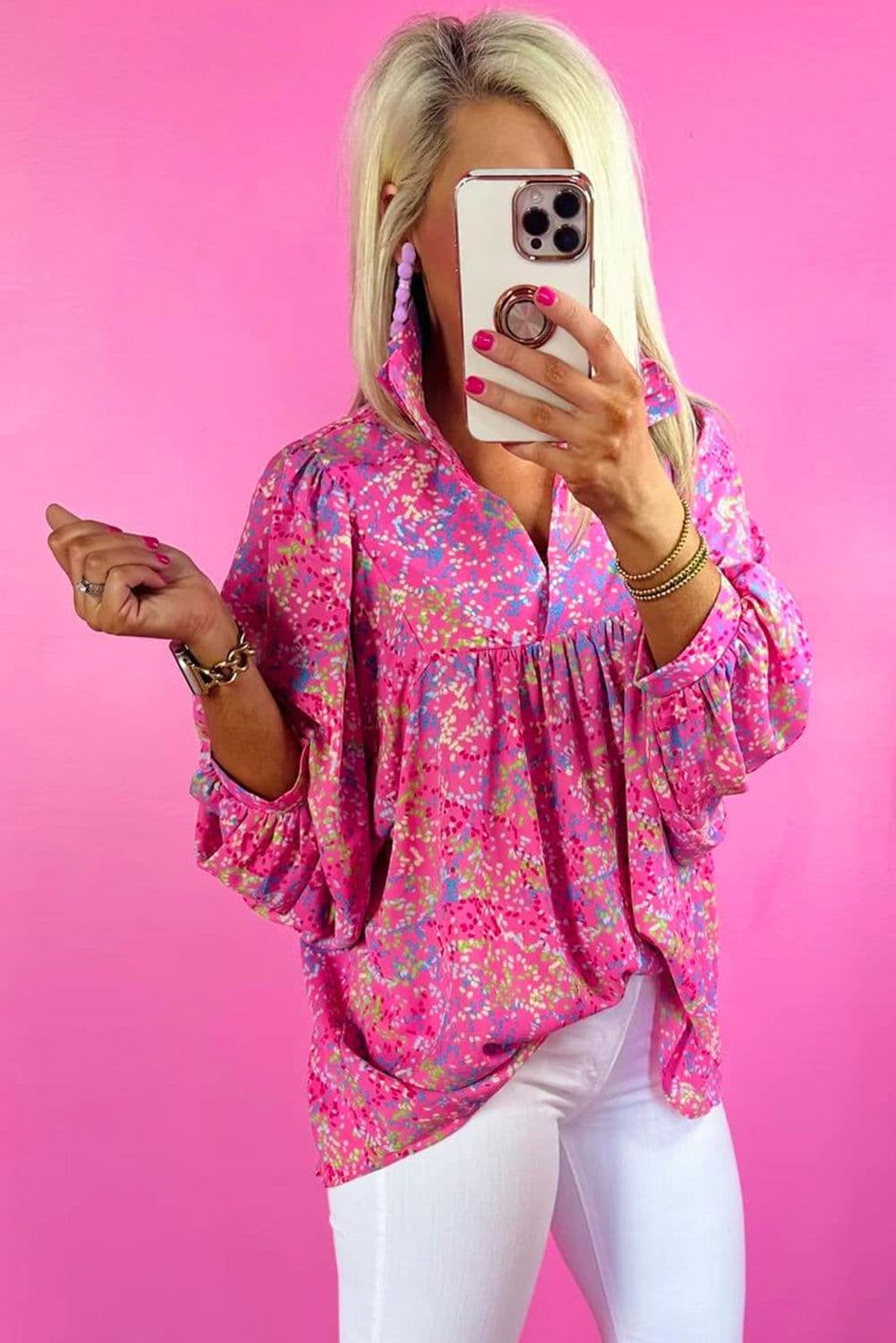 image-Bonbon Abstract Print Collared V Neck Babydoll Blouse
