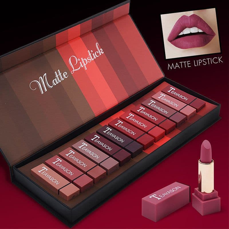 image-New set of box hard box 12 color square tube sexy red lipstick matte lipstick pumpkin matte brick red dirty orange