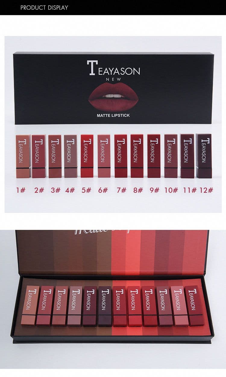 image-New set of box hard box 12 color square tube sexy red lipstick matte lipstick pumpkin matte brick red dirty orange