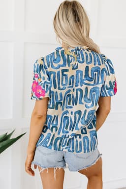 image-Beige Embroidered Puff Sleeve Top with Frilled Neck (54 characters)