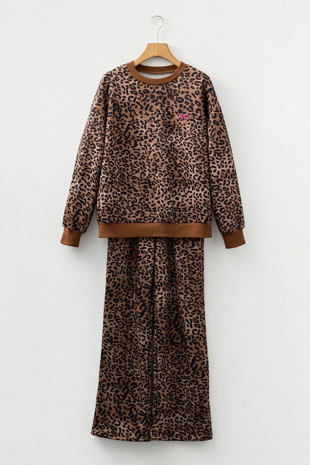image-Coffee Leopard Print Contrast Trim Long Sleeve Top and Pants Set