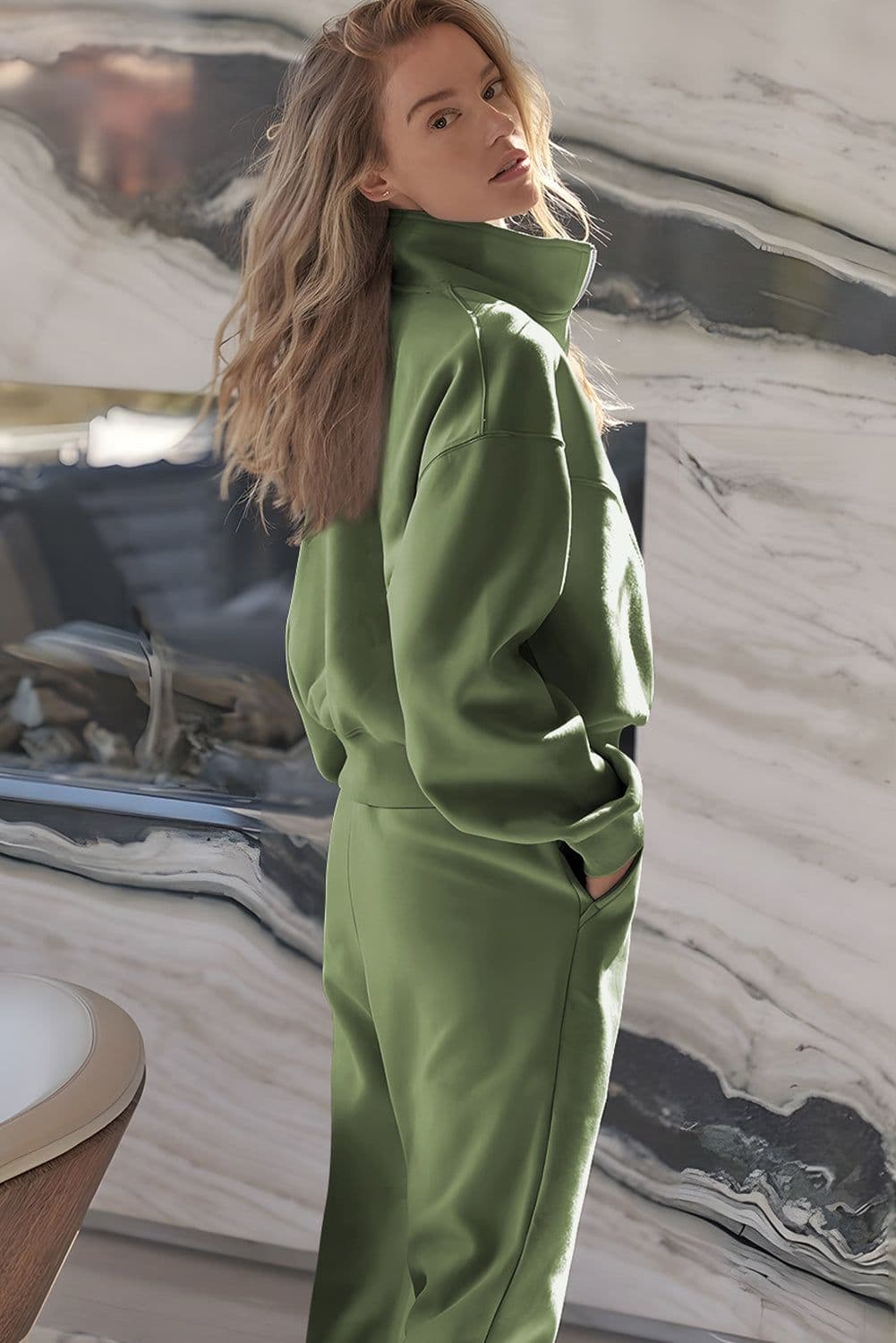 image-Vineyard Green Half Zip up Pullover Active Top and Joggers Set