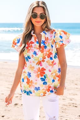 image-White Floral Bouquet Flutter Sleeve Top