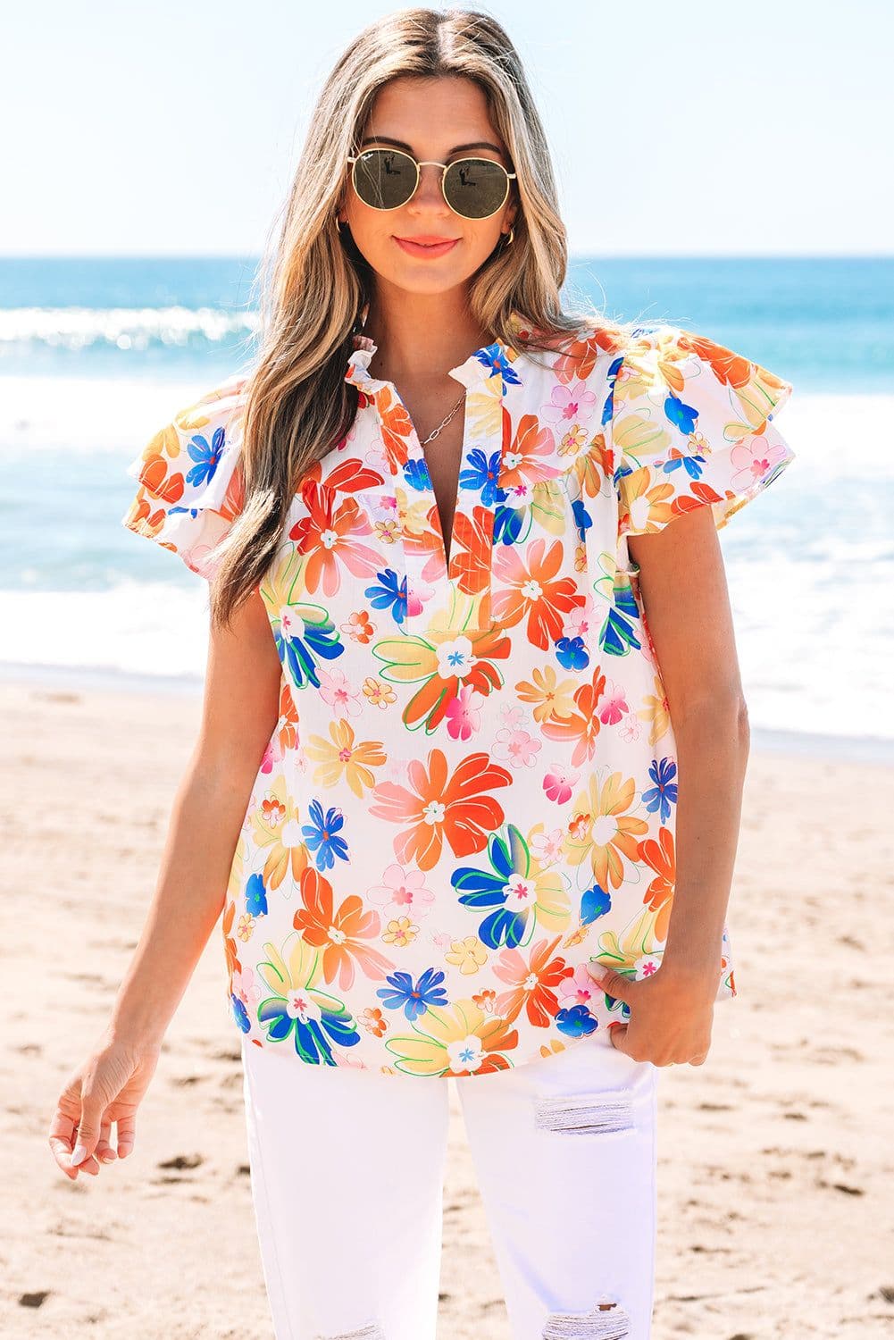 image-White Floral Bouquet Flutter Sleeve Top