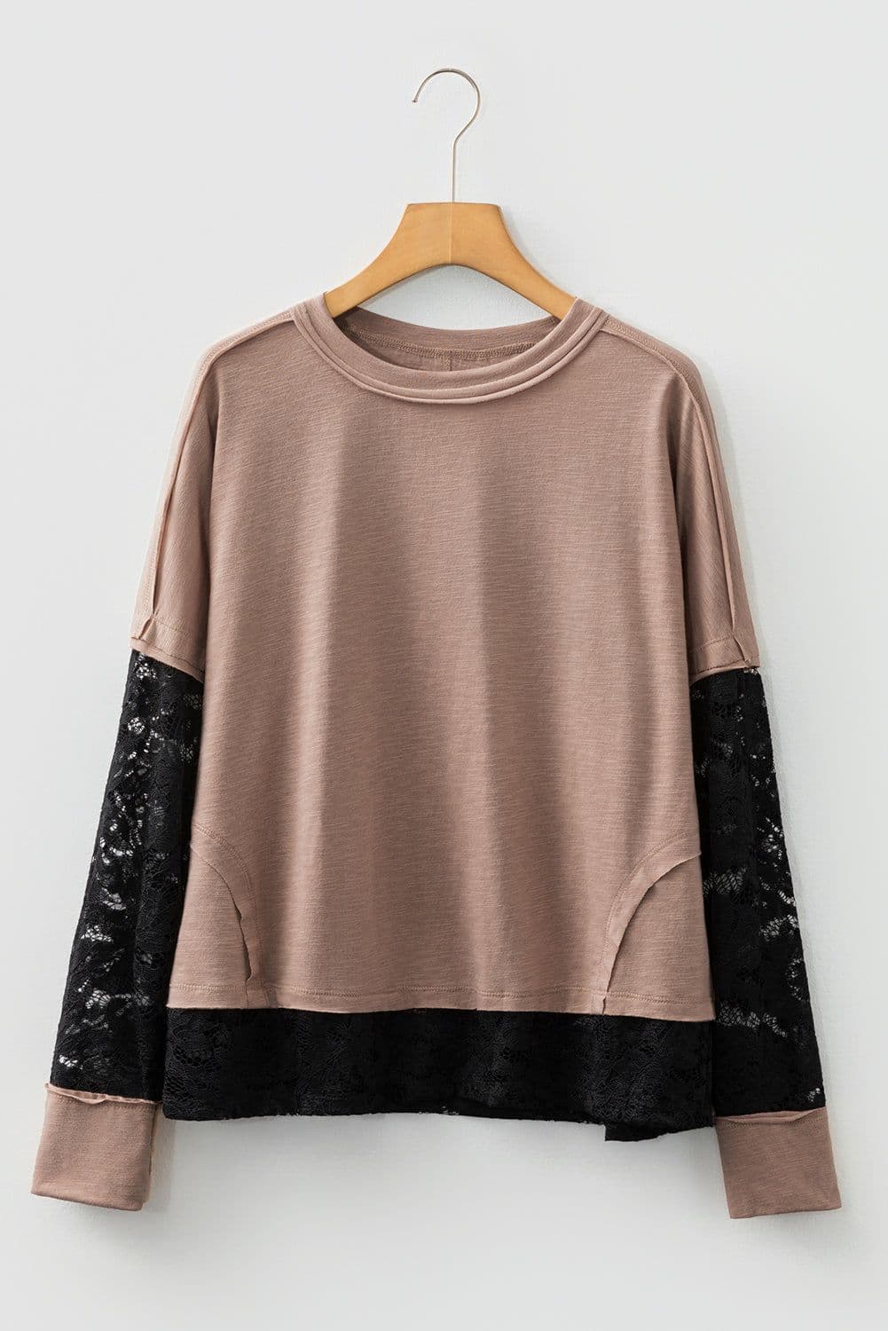 image-Light French Beige Sheer Lace Long Sleeve Tee