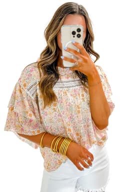 image-Floral Print Wide Ruffle Sleeves Blouse - Multicolor, Size S-XL