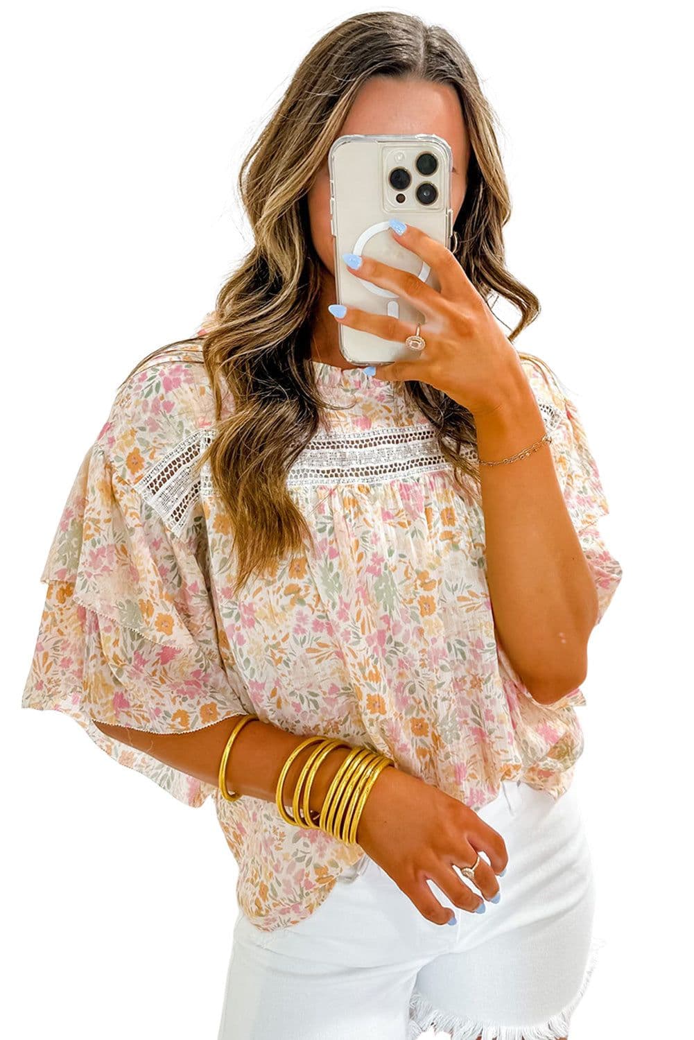 image-Floral Print Wide Ruffle Sleeves Blouse - Multicolor, Size S-XL