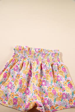 image-Pink Boho Floral Shirred High Waist Shorts