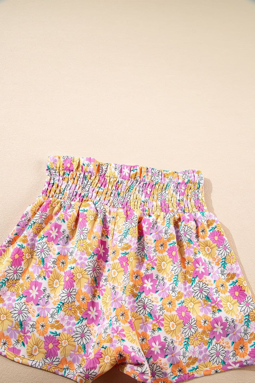image-Pink Boho Floral Shirred High Waist Shorts