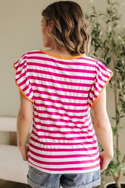 image-Rose Red Striped Ruffle Sleeve Crew Neck Blouse