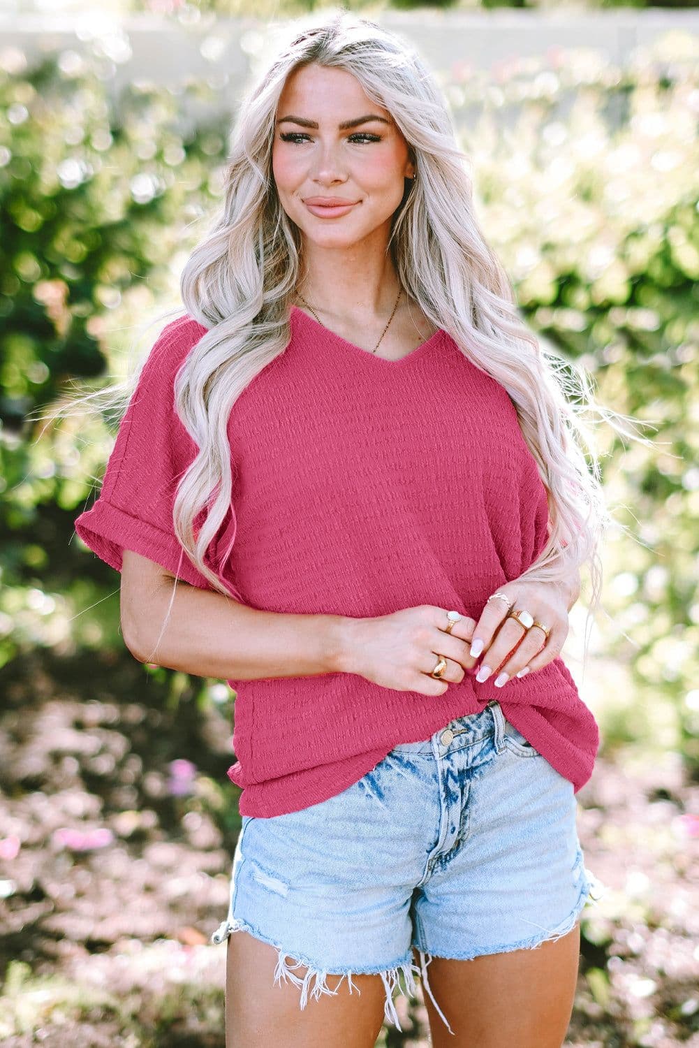 image-Bright Pink Textured V Neck Rolled Sleeve Tee - Loose Fit