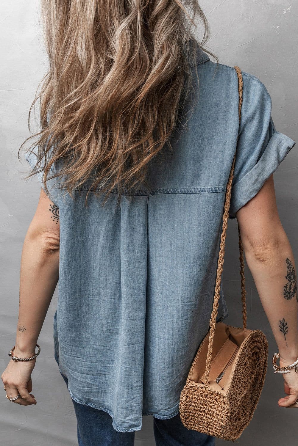 image-Dusk Blue Denim Shirt Short Sleeve Patched Pocket