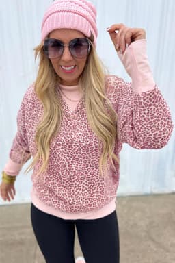 image-Khaki Leopard Print Patchwork Crew Neck Sweatshirt