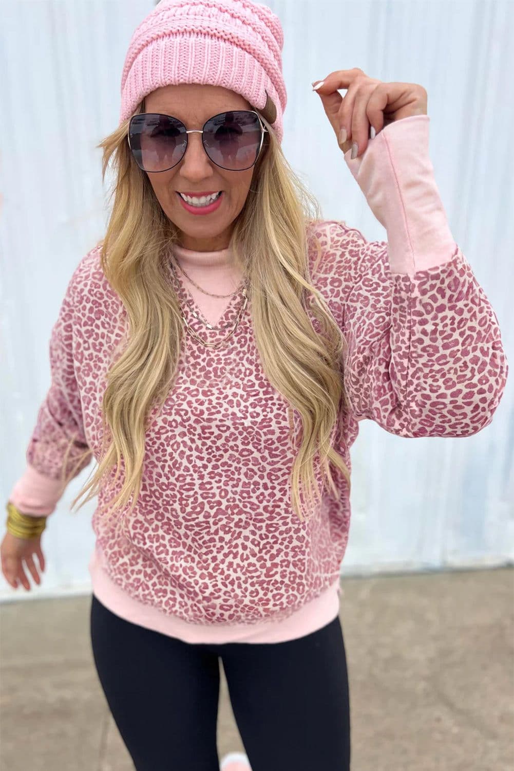 image-Khaki Leopard Print Patchwork Crew Neck Sweatshirt