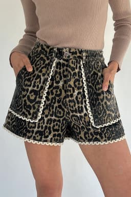 image-Khaki Contrast Scalloped Lace Trim Leopard Denim Shorts