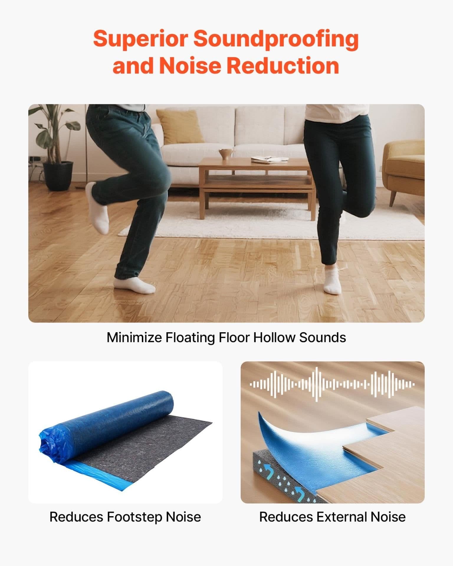 image-VEVOR Floor Underlayment 100 sq. ft/Roll, 3 mm Thick Laminate Flooring Padding with Attached Vapor Barrier, Heavy Duty Fiber + PE Film, Soundproofing & Noise Reduction, Ideal for Vinyl Wood