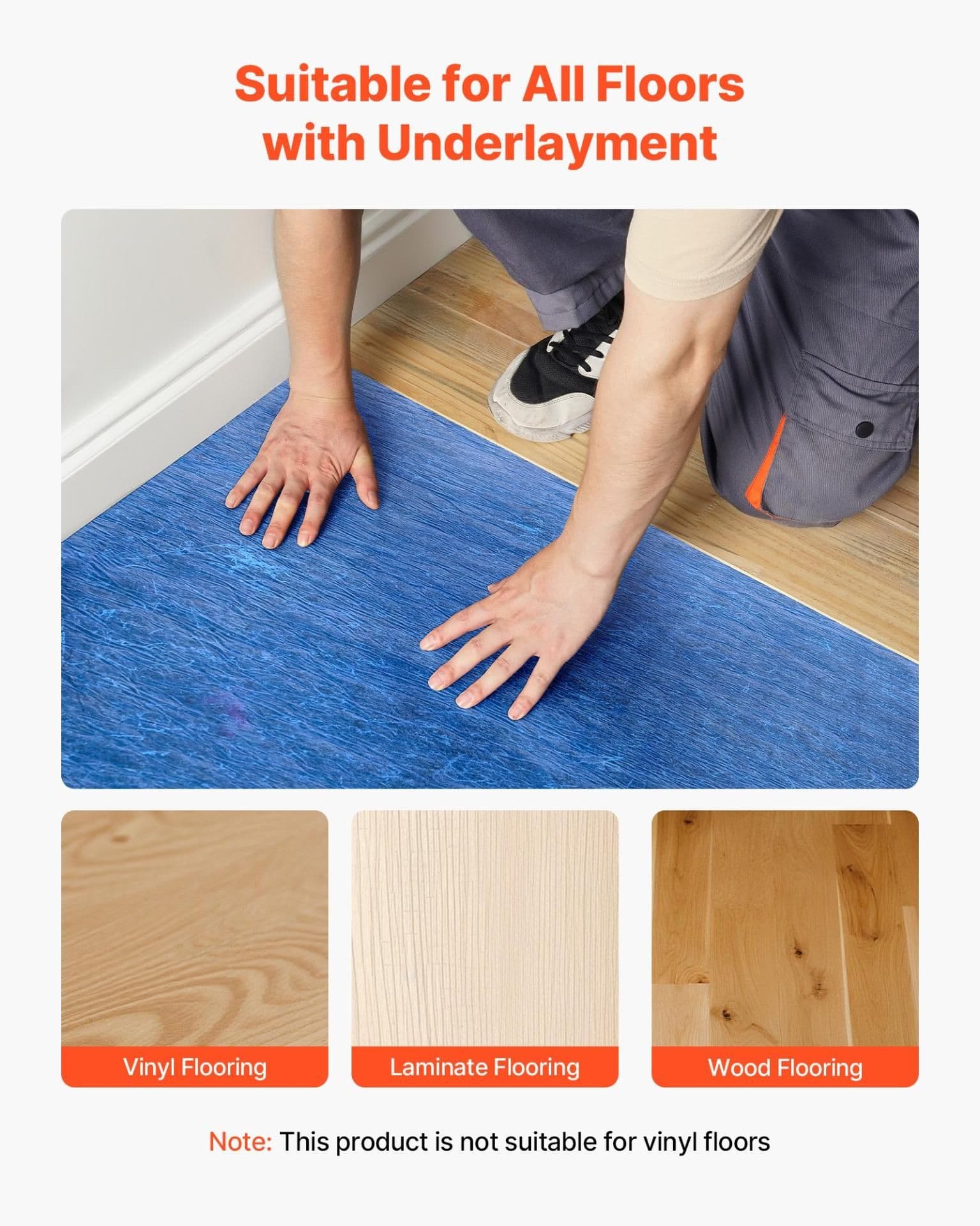 image-VEVOR Floor Underlayment 100 sq. ft/Roll, 3 mm Thick Laminate Flooring Padding with Attached Vapor Barrier, Heavy Duty Fiber + PE Film, Soundproofing & Noise Reduction, Ideal for Vinyl Wood