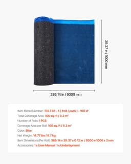 image-VEVOR Floor Underlayment 100 sq. ft/Roll, 3 mm Thick Laminate Flooring Padding with Attached Vapor Barrier, Heavy Duty Fiber + PE Film, Soundproofing & Noise Reduction, Ideal for Vinyl Wood