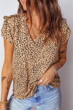 image-Apricot Cheeath Print Frilled V Neck Shirred Detail Short Sleeve Blouse