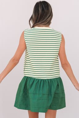 image-Green Stripe Woven Ruffled Sleeveless Mini Dress - Summer Casual Wear
