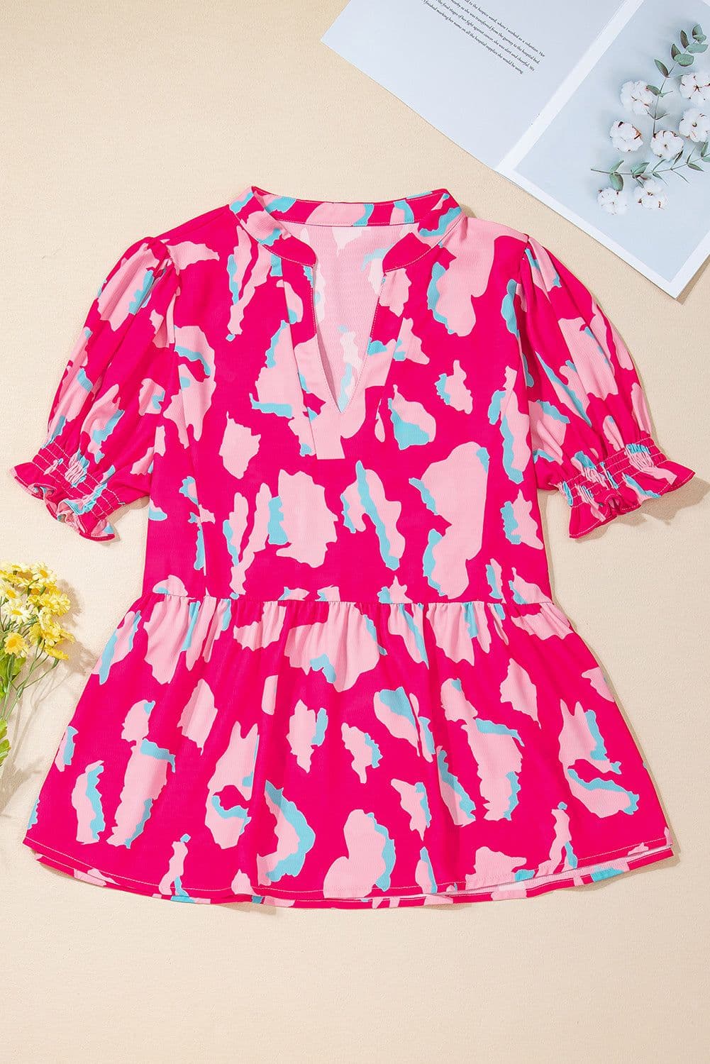 image-Rose Abstract Print Smocked Puff Sleeve V Neck Blouse