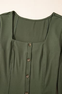 image-Rib Knit Square Neck Mini Dress - Green Long Sleeve