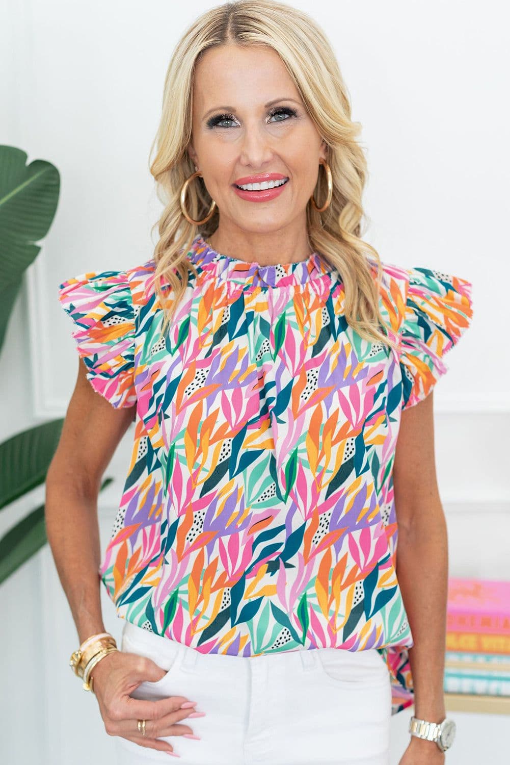 image-Rose Red Floral Print Blouse - Ruffled Flutter Sleeve, Chic Floral