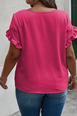 image-Bright Pink Ruffled Short Sleeve Plus Size Top