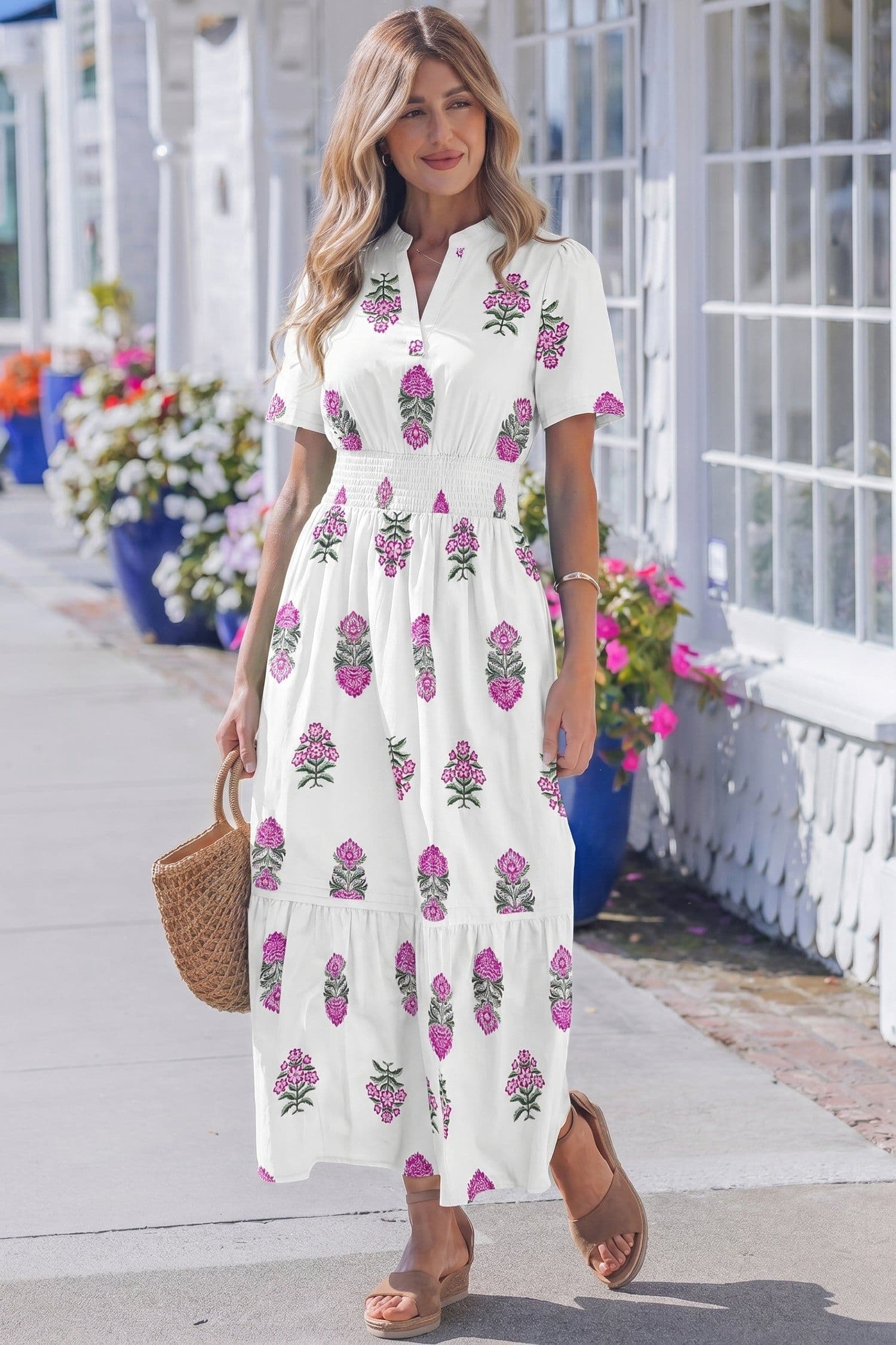 image-Floral Print Maxi Dress - Split Neck, Shirred Waist, Ruffle Hem - 60" Long