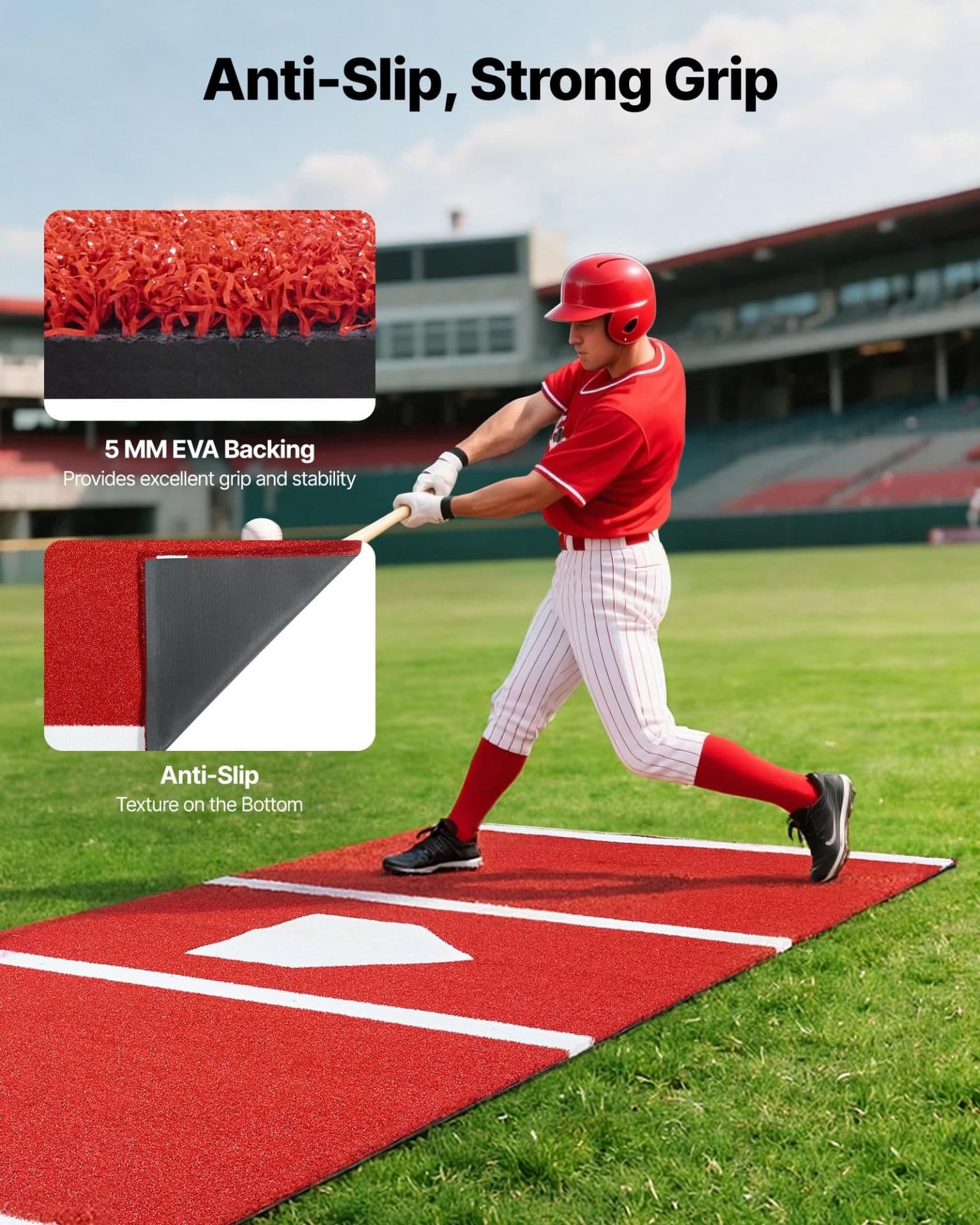 image-VEVOR Baseball Hitting Mat, 10x3.8 ft Batting Cage Mat, Batters Box Turf Mats, Softball Batting Practice Equipment with Home Plate and Anti Fade Turf, Portable Training Aid for Indoor Outdoor, Red